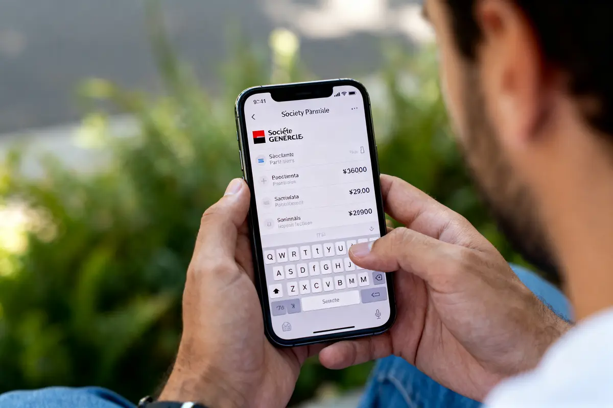Personne utilisant un smartphone avec l'application bancaire Société Générale affichée sur l'écran.