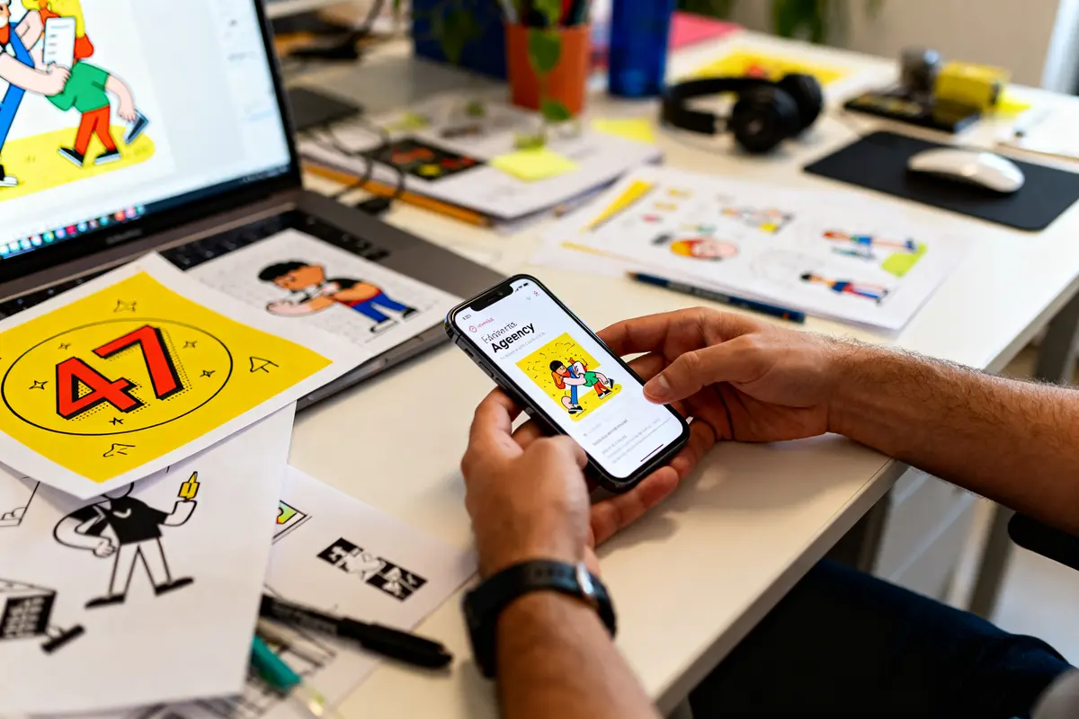 Personne utilisant un smartphone affichant la page d'accueil de 47 Agency dans un bureau
