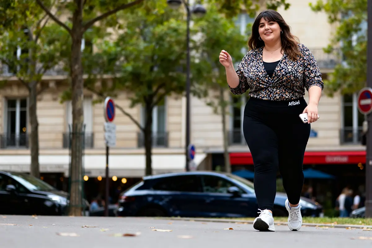 Une femme marche en ville portant un legging Afibel et tenant un smartphone