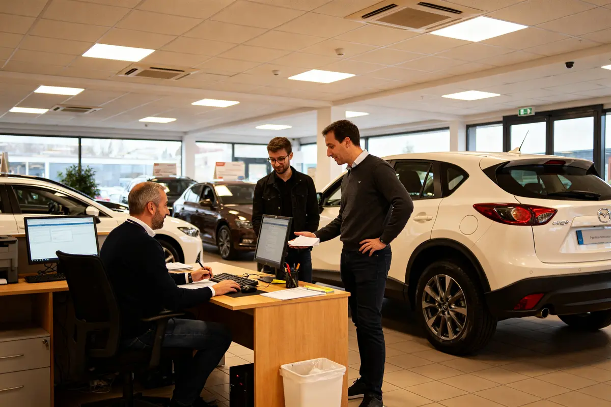 Deux hommes discutent à Agence Automobiliere près d'un bureau dans un showroom automobile