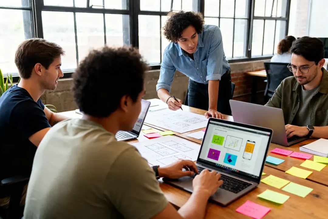 Réunion collaborative de l'équipe Agence Limitless autour de plans et ordinateurs portables dans un bureau