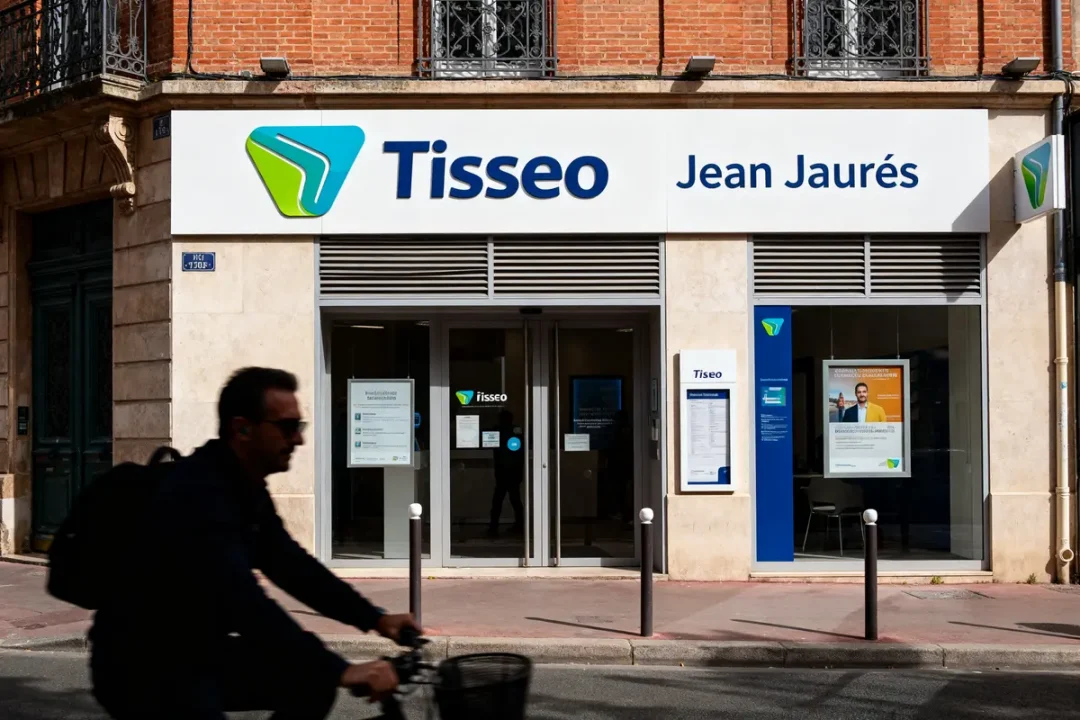 Façade de l'agence Tisséo Jean Jaurès avec passant à vélo devant l'entrée