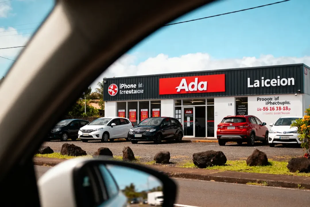 Devanture d'un magasin Ada avec plusieurs voitures garées devant sous un ciel bleu.