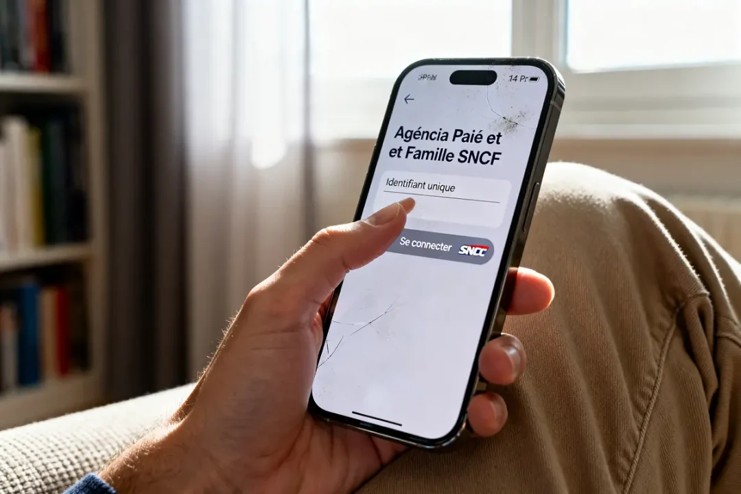 Main tenant un smartphone avec écran Agence paie et famille SNCF dans salon lumineux