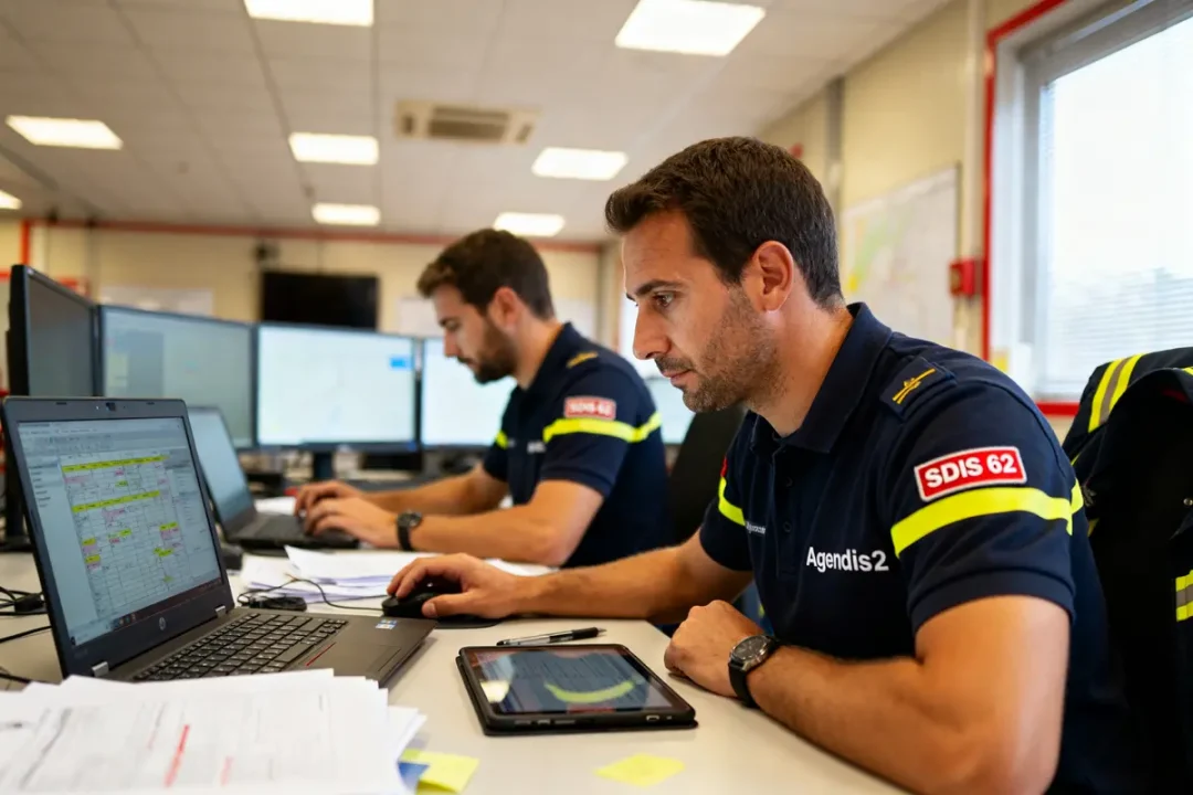 Deux hommes en uniforme Agendis 62 travaillent concentrés sur des ordinateurs dans un bureau.