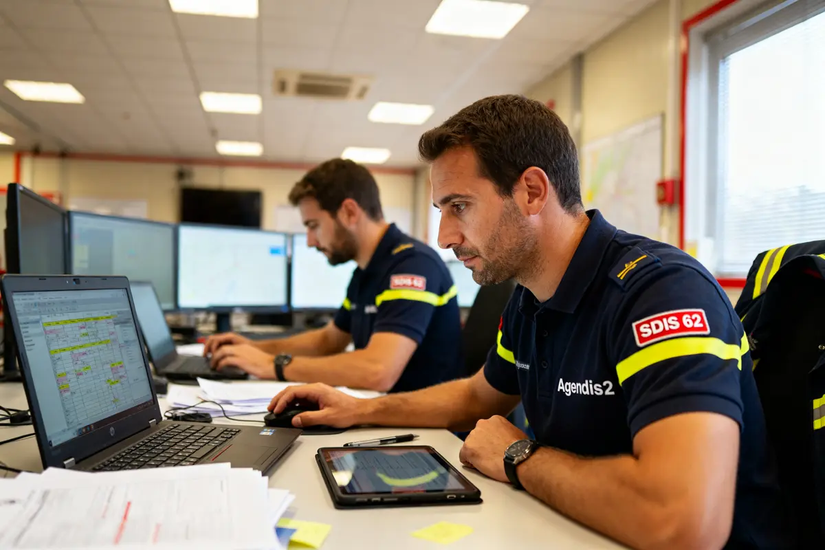 Deux hommes en uniforme Agendis 62 travaillent concentrés sur des ordinateurs dans un bureau.