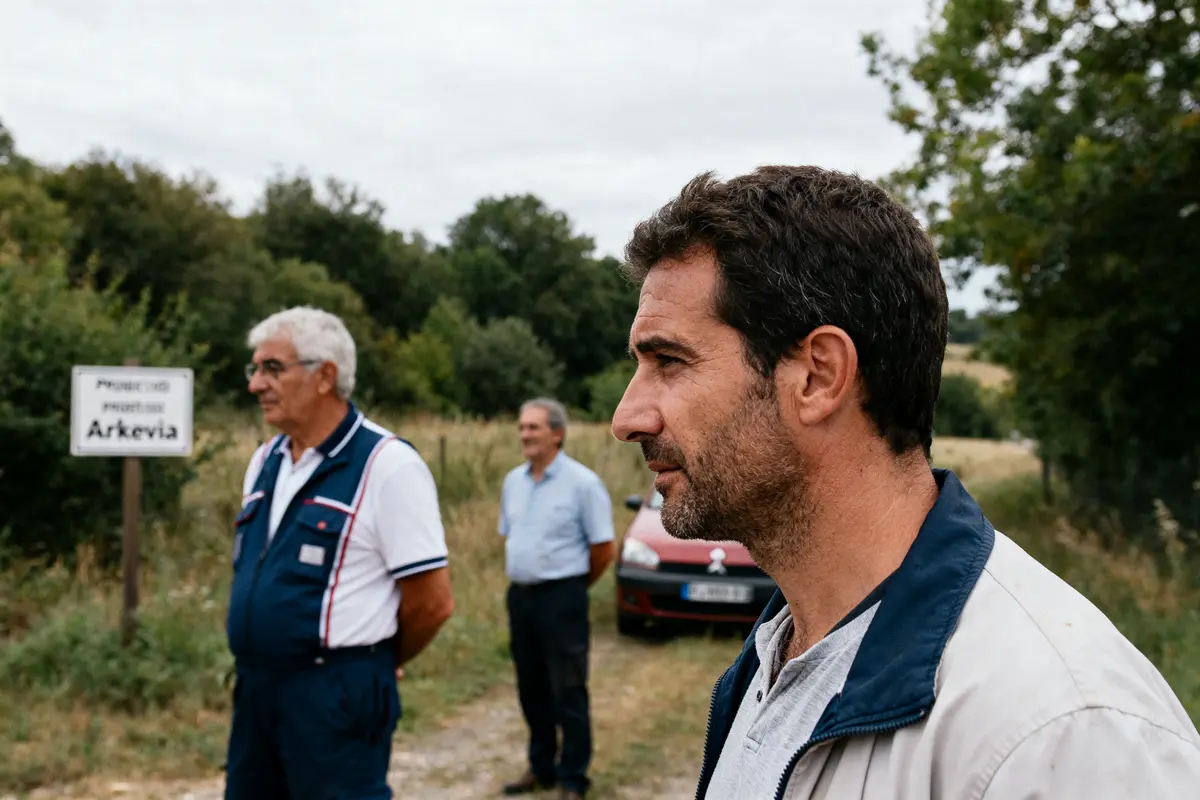 Homme près de panneau Arkevia devant paysage rural avec voitures et arbres