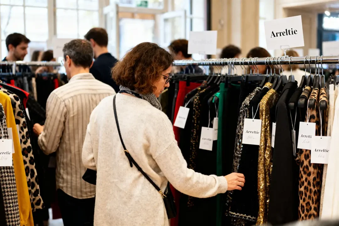 Personnes explorant les vêtements Arlettie lors d'une vente en showroom avec étiquettes visibles