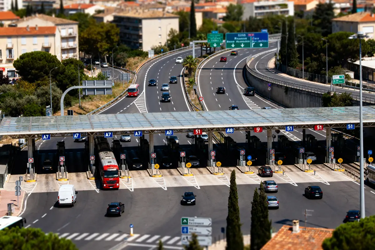 Péage autoroute A7 avec voitures sous le ciel dégagé d'Atrium Sud