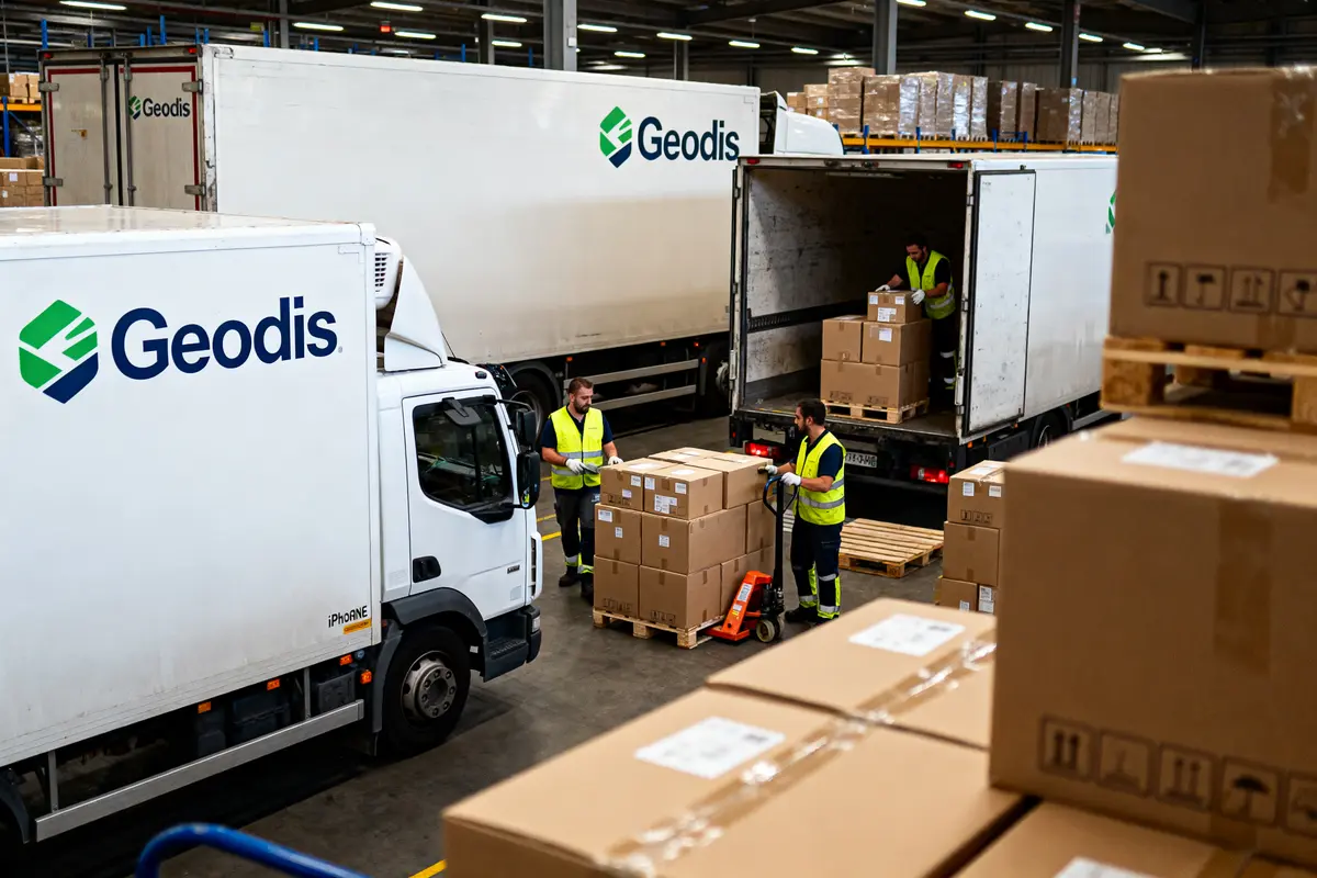 Employés Geodis chargeant camions de cartons dans un entrepôt logistique emballé de produits.