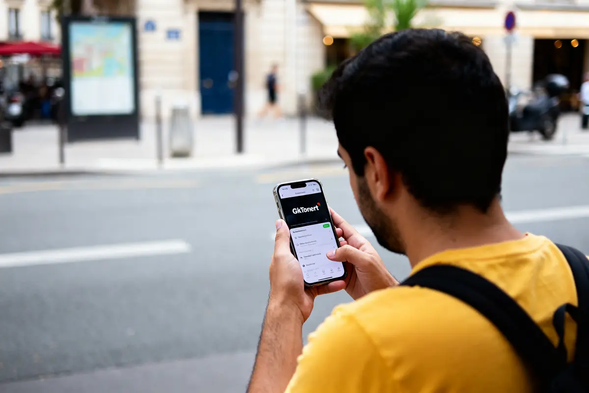 Personne utilisant GkTorrent sur smartphone dans une rue urbaine au soleil