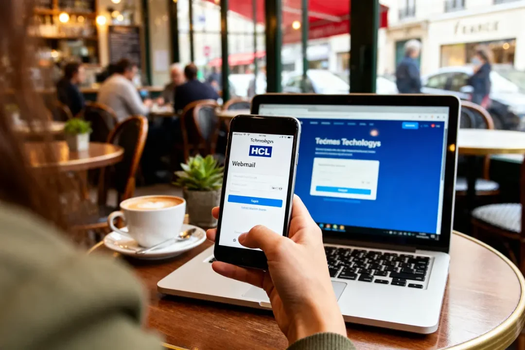 Personne utilisant le HCL Technologies Webmail sur smartphone devant un ordinateur portable au café