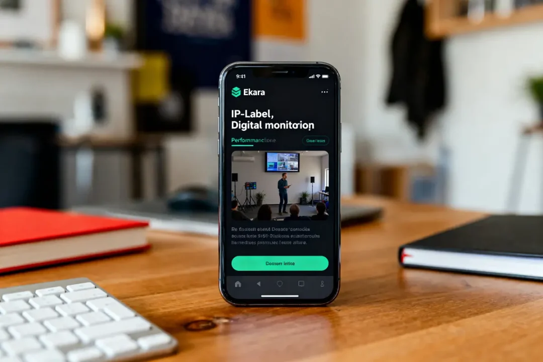 Smartphone affichant l'application Ekara sur un bureau avec clavier et cahiers en arrière-plan.
