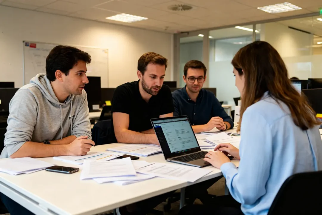 Quatre collègues travaillent sur un projet à Maxus Agency dans un bureau moderne