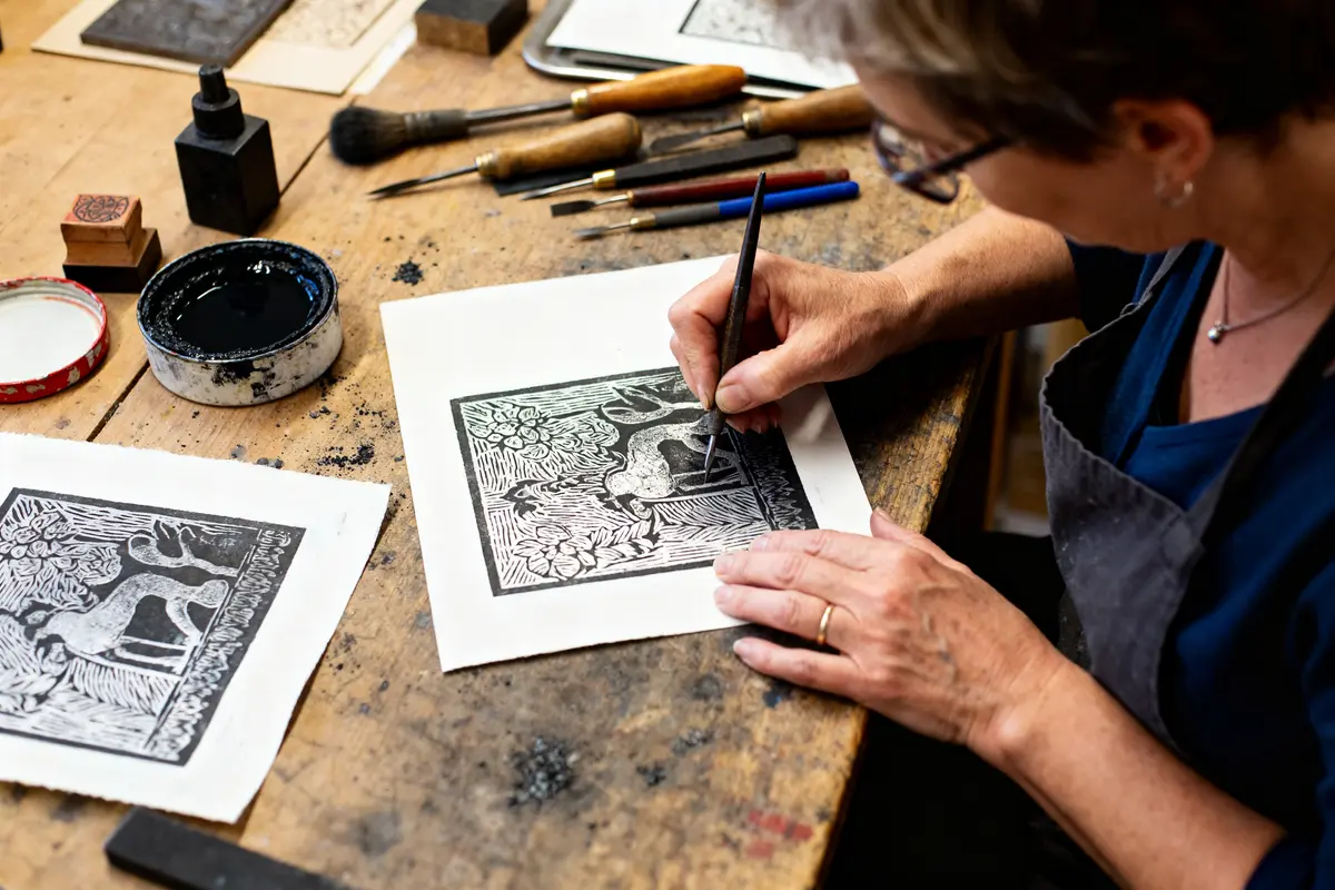 Artiste Michèle Morvan réalisant une gravure détaillée dans son atelier avec des outils spécialisés
