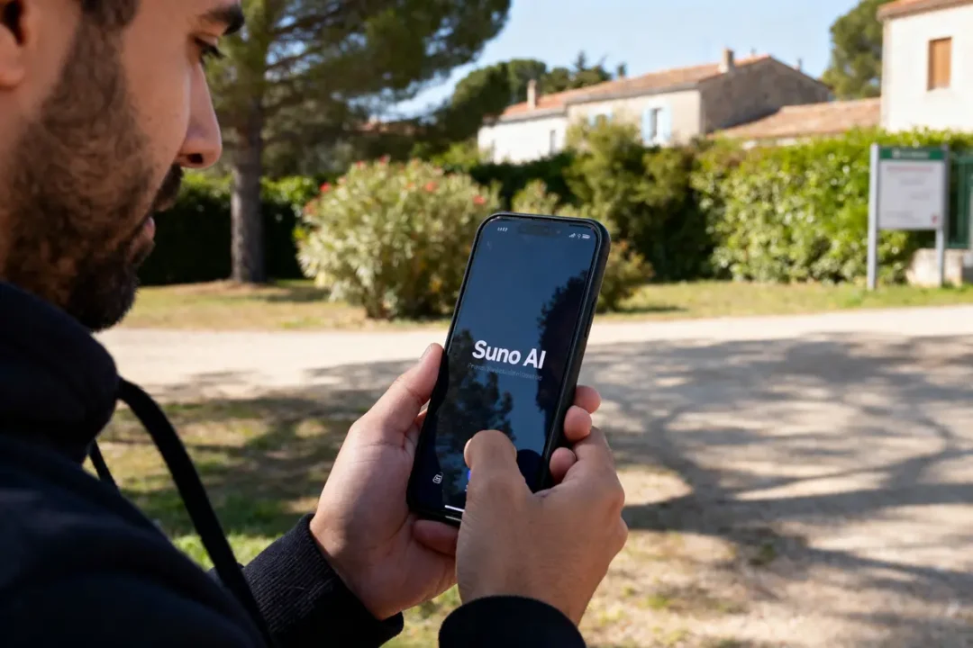 Personne utilisant Suno AI sur smartphone dans un jardin ensoleillé devant une maison.