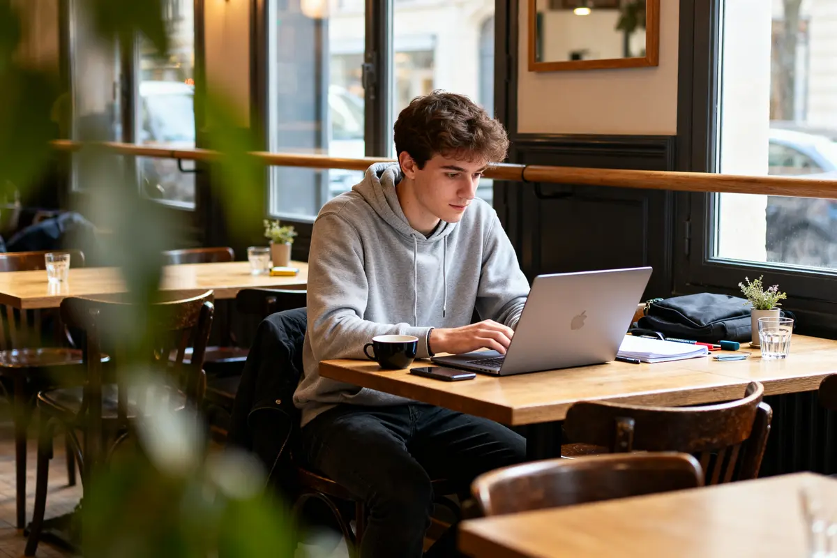 Étudiant travaillant en café sur laptop pour bachelor marketing digital Studi études.