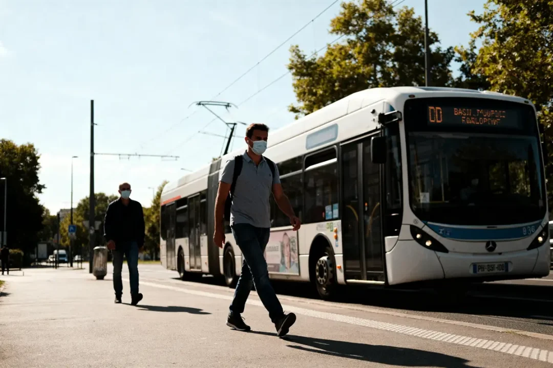 Des piétons et un bus circulent dans le bassin d'emploi urbain ensoleillé