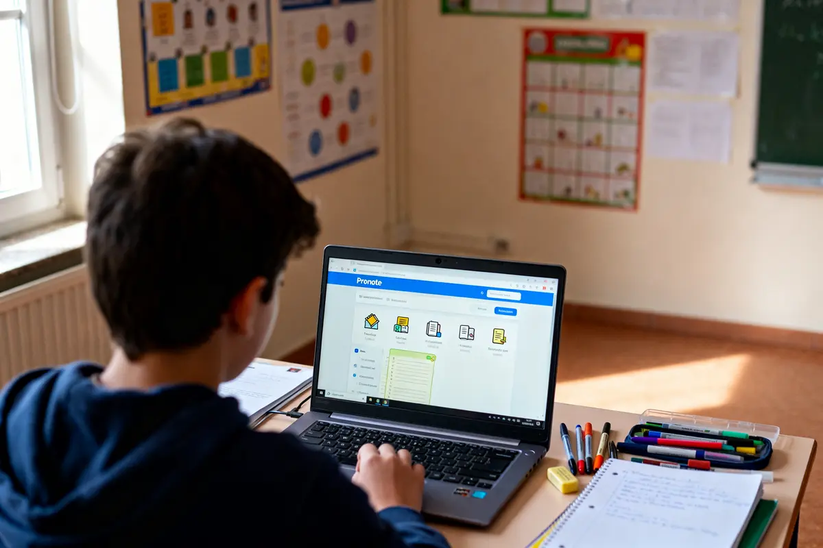 Un élève consulte Pronote sur un ordinateur pour savoir comment connaître sa classe en avance