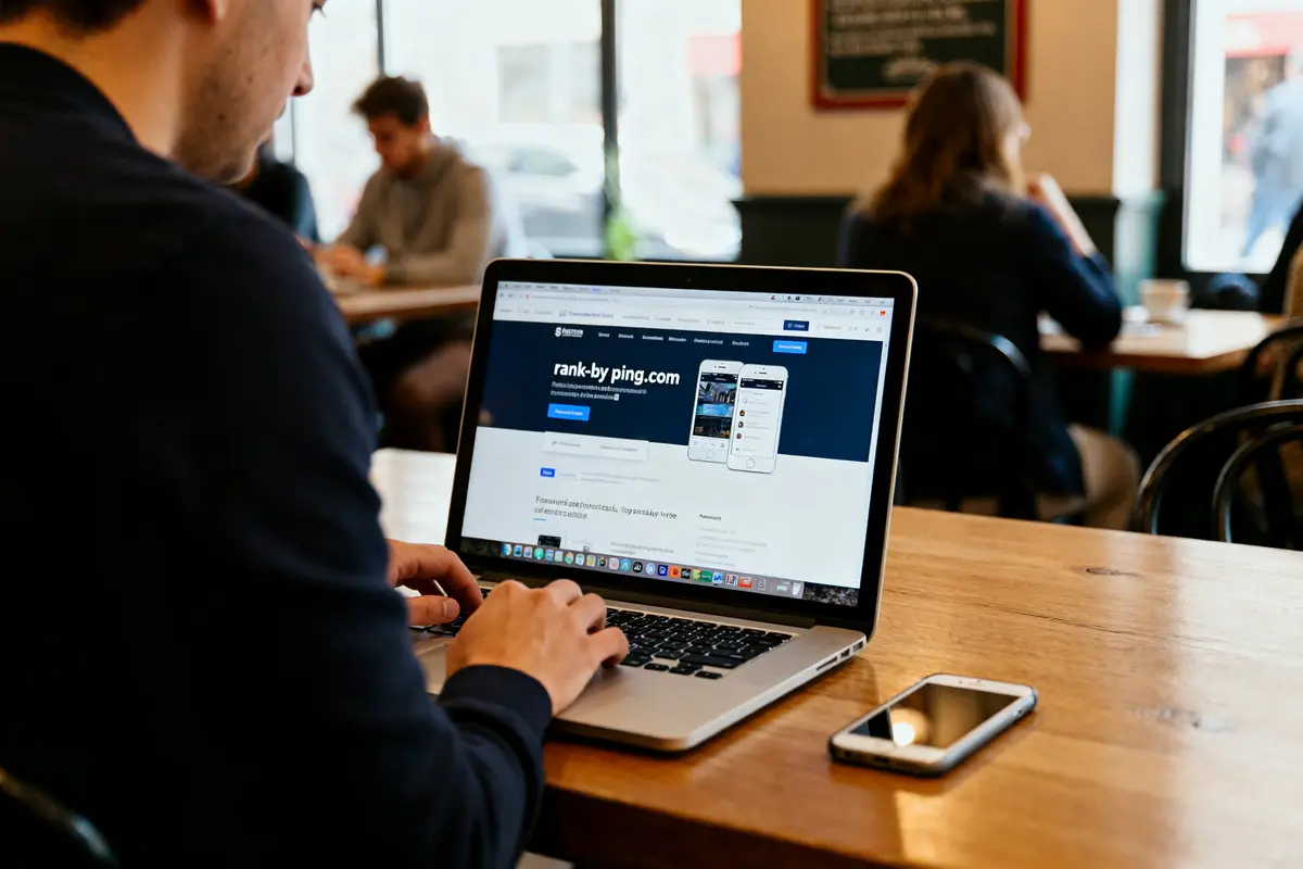 Ordinateur affichant rank-by-ping.com dans un café animé avec téléphone posé sur la table