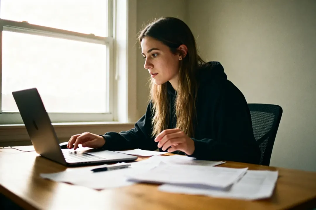 Femme travaillant sur ordinateur pour calculer le salaire d'un temps partiel 25h net