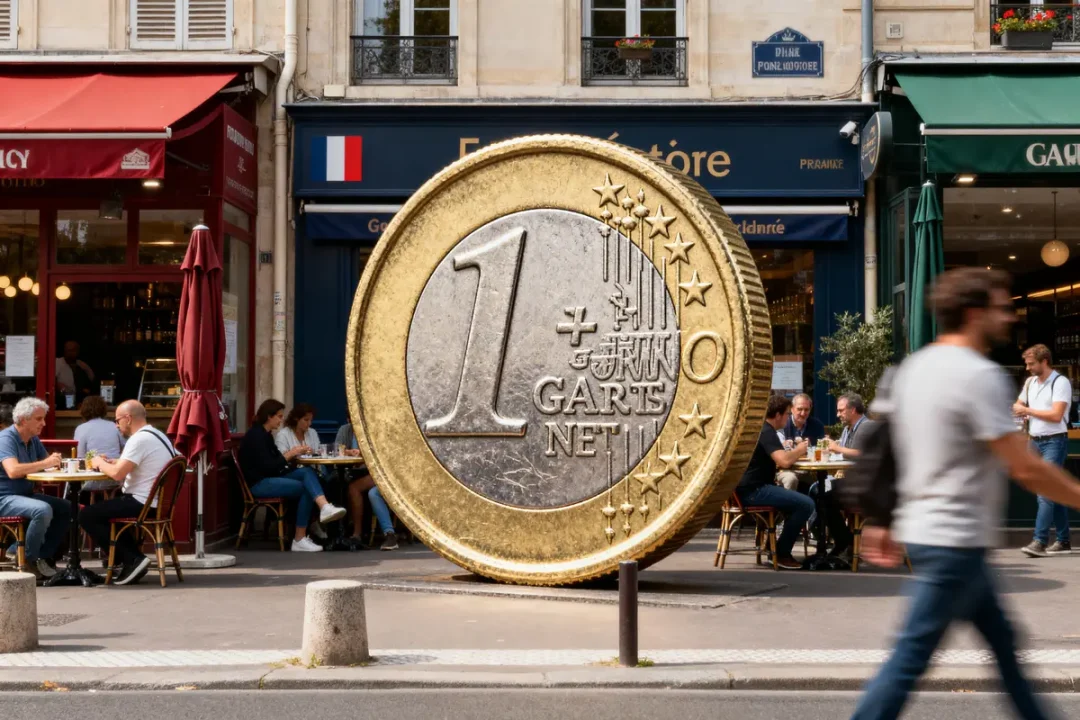 Géante pièce d'un euro devant café parisien et calculer 2500 brut en net facilement