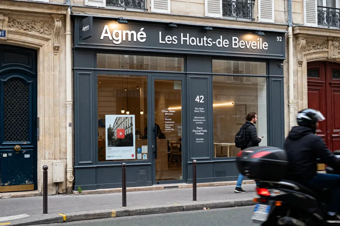 Façade de l'agence Ame Les Hauts-de Belleville avec passants et enseigne visible