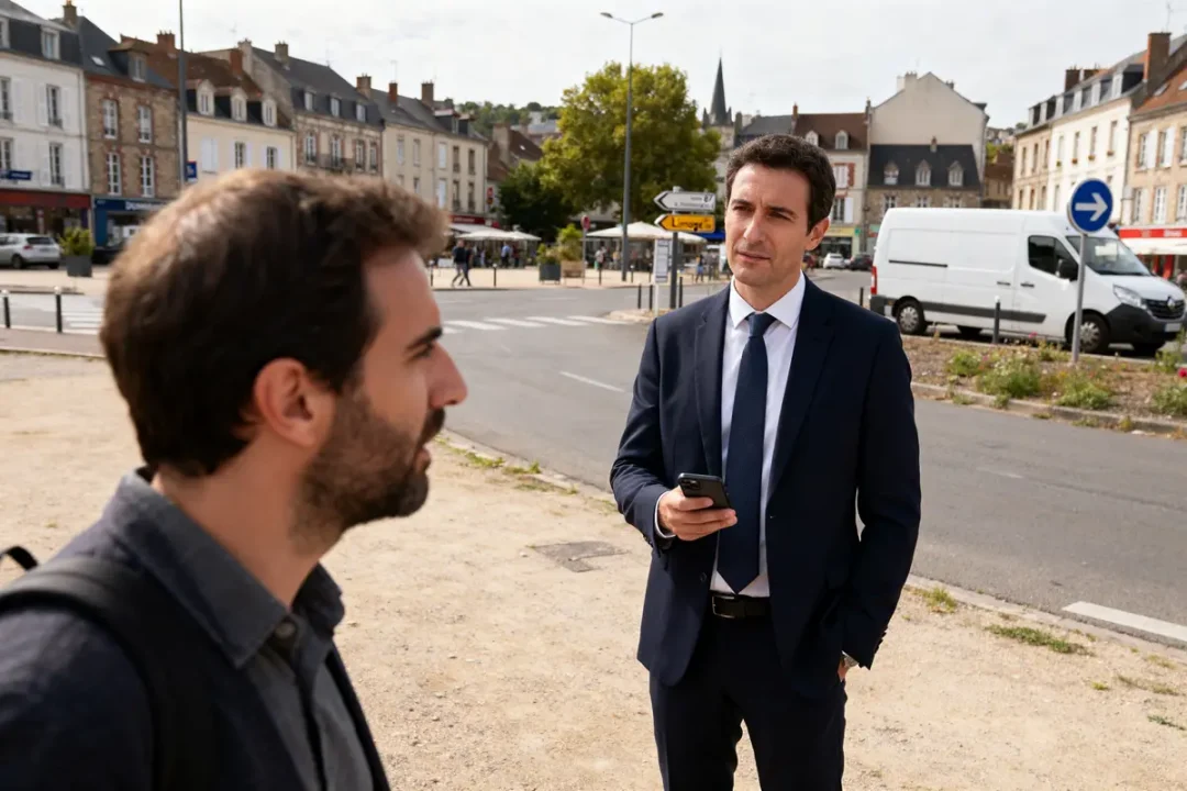 Deux hommes discutent en plein air avec des bâtiments en arrière-plan Agence Dumoulin 87