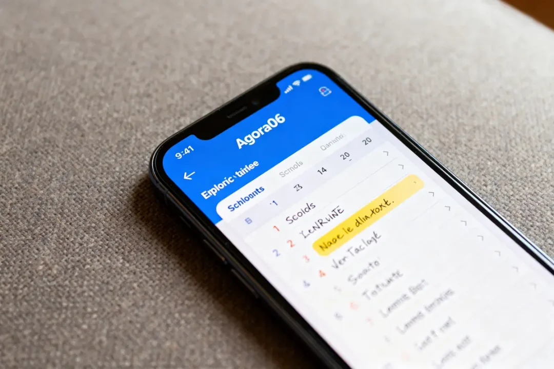 Écran d'application Agora06 affichant une liste sur smartphone posé sur un tissu beige