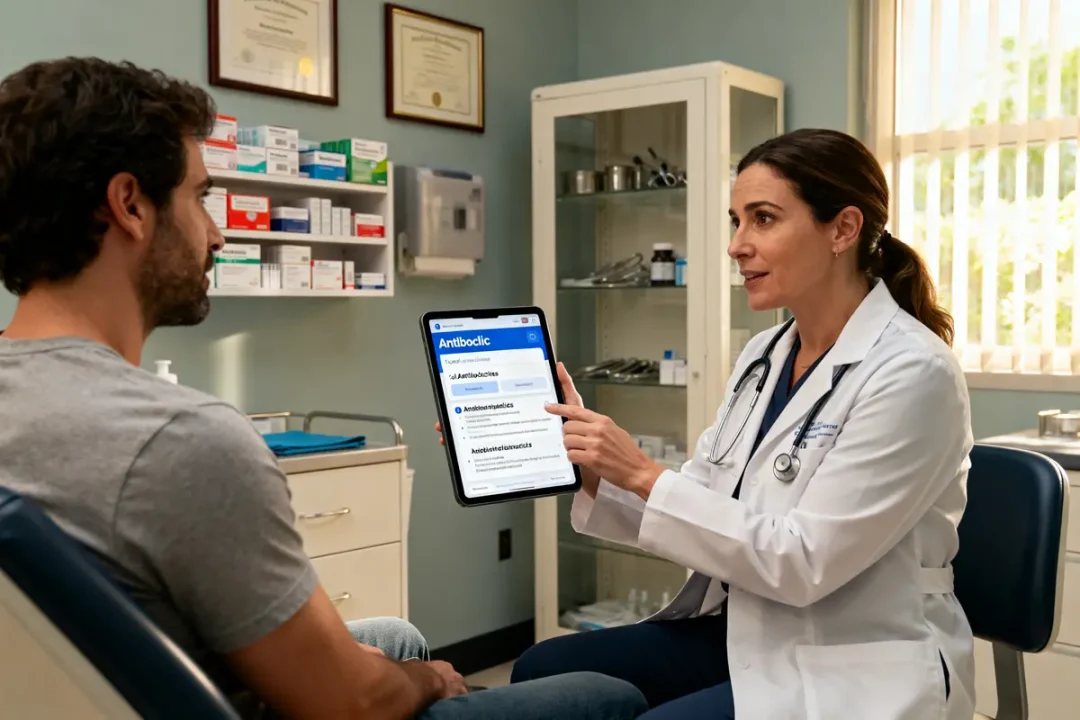 Médecin expliquant l'application Antibioclic à un patient sur tablette en cabinet médical