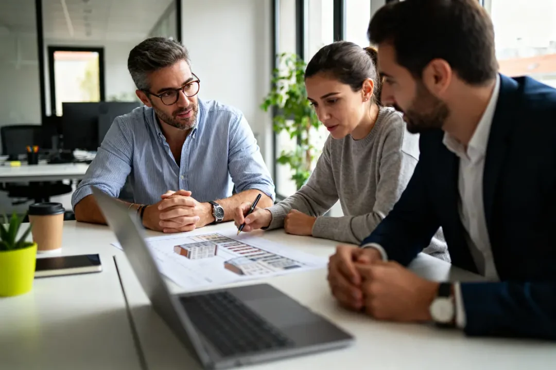 Groupe de professionnels discutant de plans architecturaux dans le bureau de Brick Company
