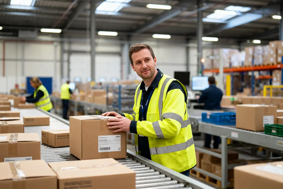 Employé en gilet jaune gérant des colis dans un Central Distribution Center moderne et actif