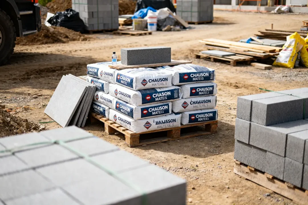 Palette de matériaux de construction Chausson Materiaux sur un chantier extérieur