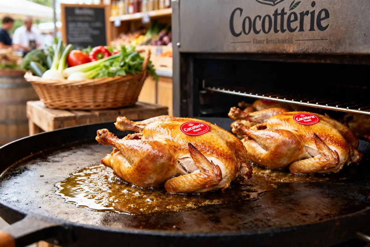 Poulets rôtis dorés dans un four Cocotterie avec légumes frais en arrière-plan