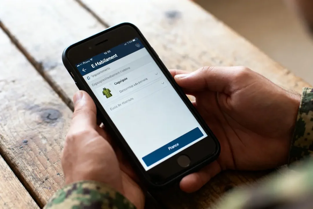 Personne utilisant l'application E Habillement sur smartphone pour la gestion des équipements militaires