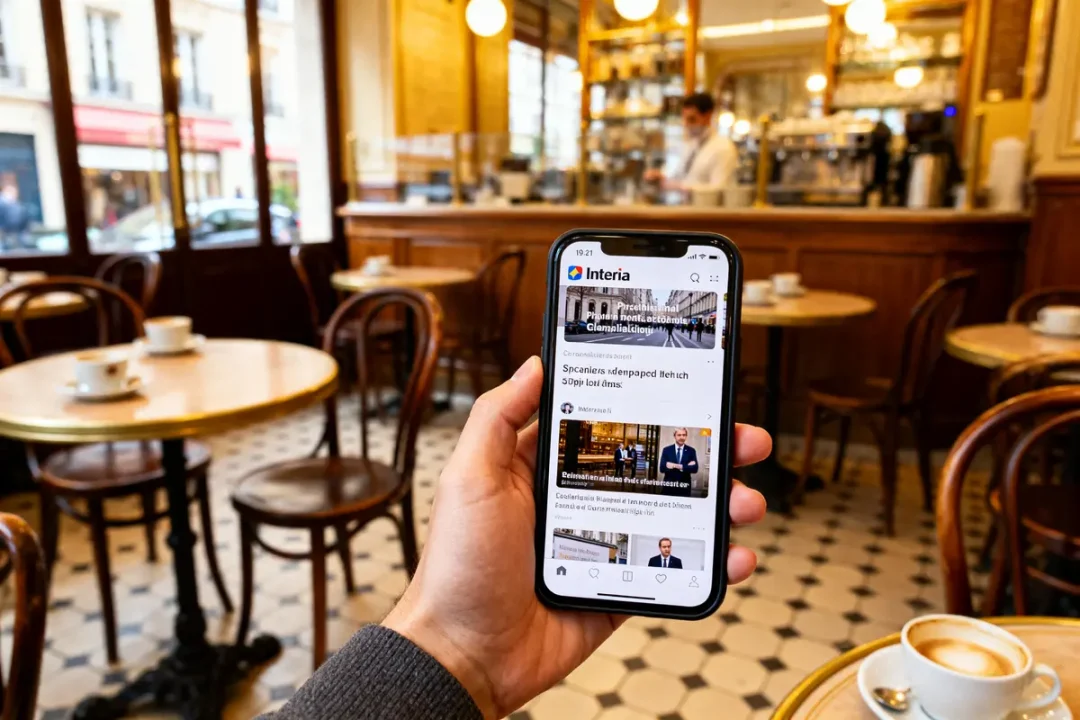 Une personne consulte Interia sur smartphone dans un café parisien avec ambiance rétro.