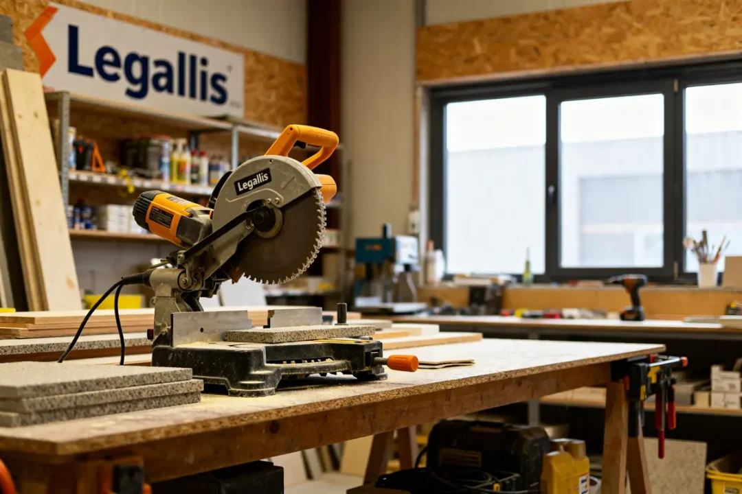 Scie circulaire Legallais sur établi dans un atelier de menuiserie productive et organisé