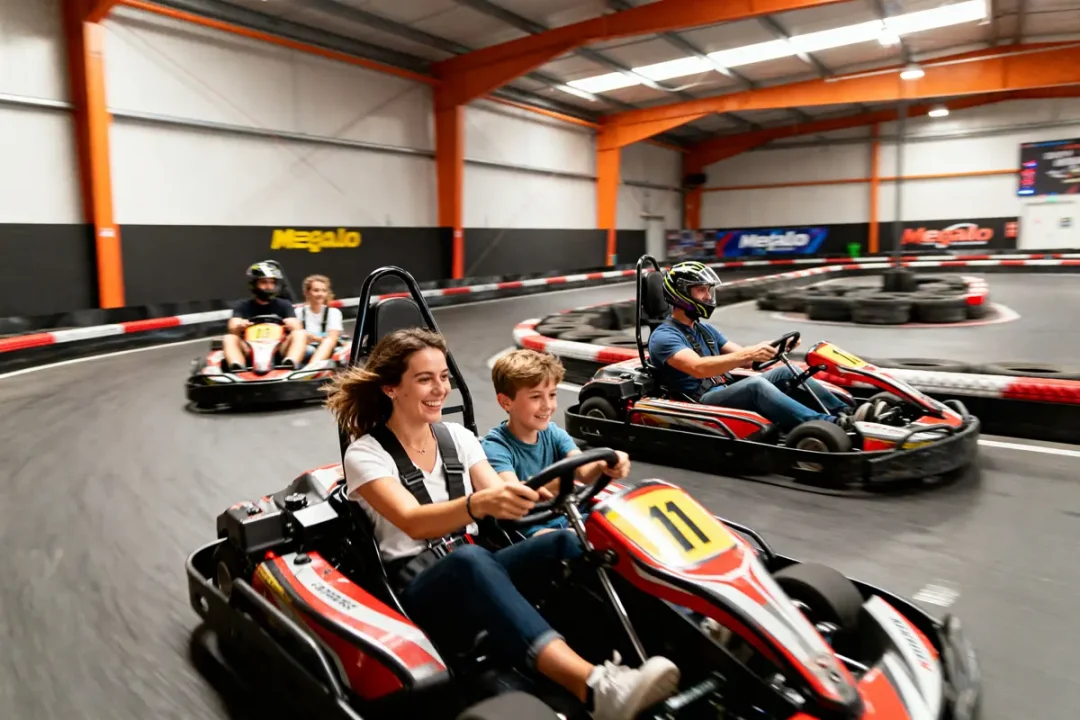 Des gens s'amusent en karting intérieur chez Megaloisirs pour un moment plein d'adrénaline