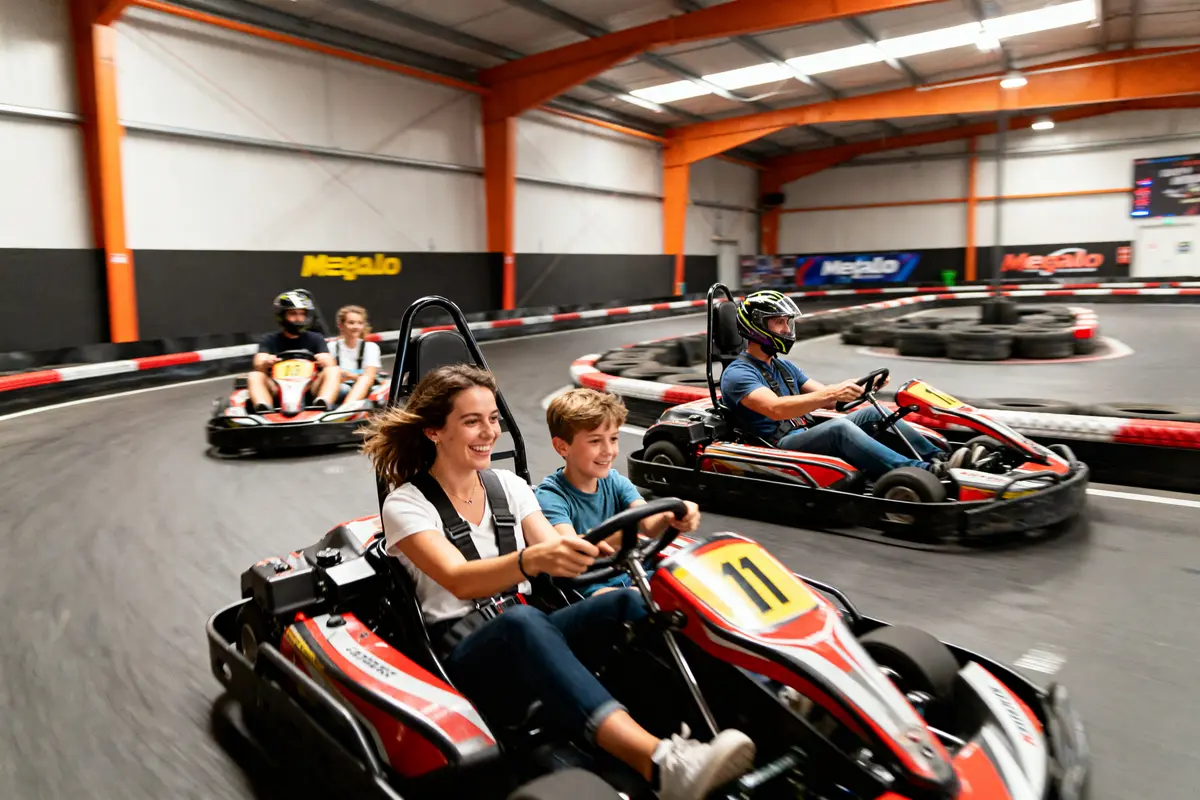 Des gens s'amusent en karting intérieur chez Megaloisirs pour un moment plein d'adrénaline