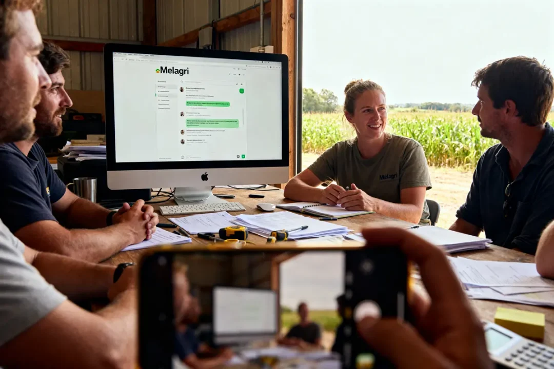 Réunion d'équipe autour d'un écran affichant Melagri dans une ferme en arrière-plan