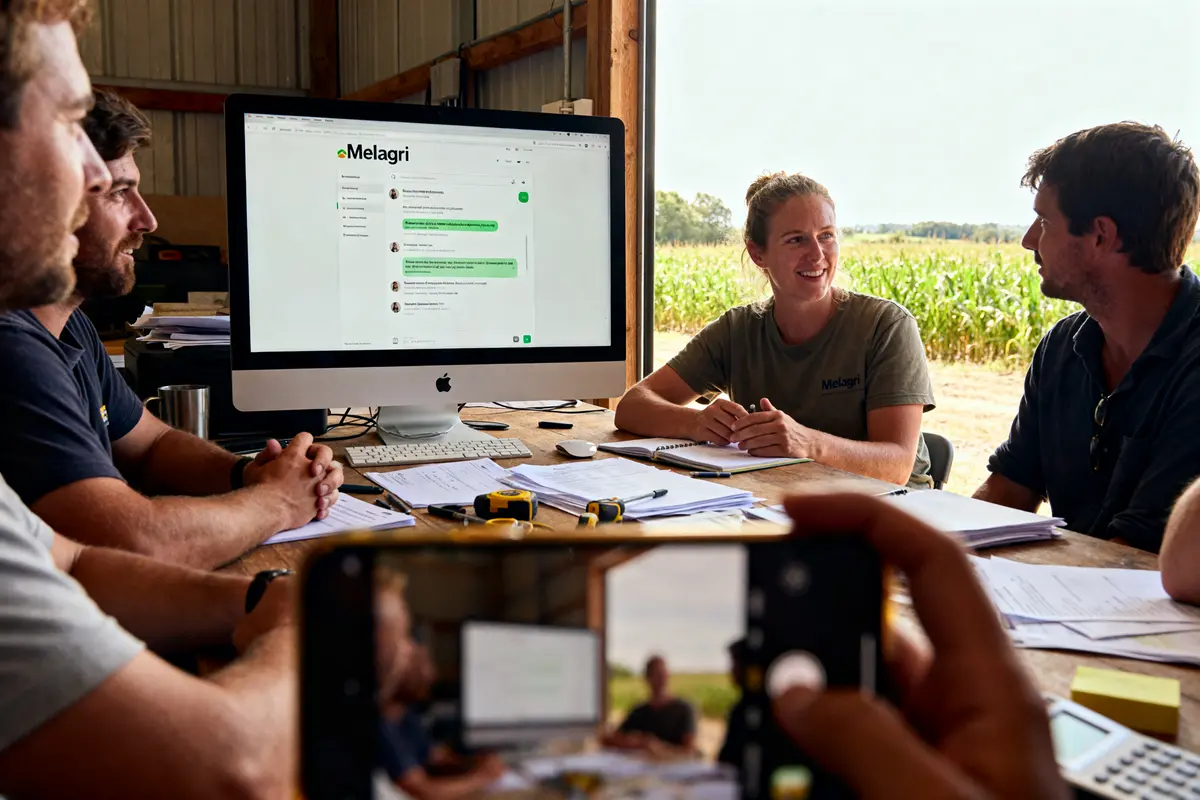 Réunion d'équipe autour d'un écran affichant Melagri dans une ferme en arrière-plan