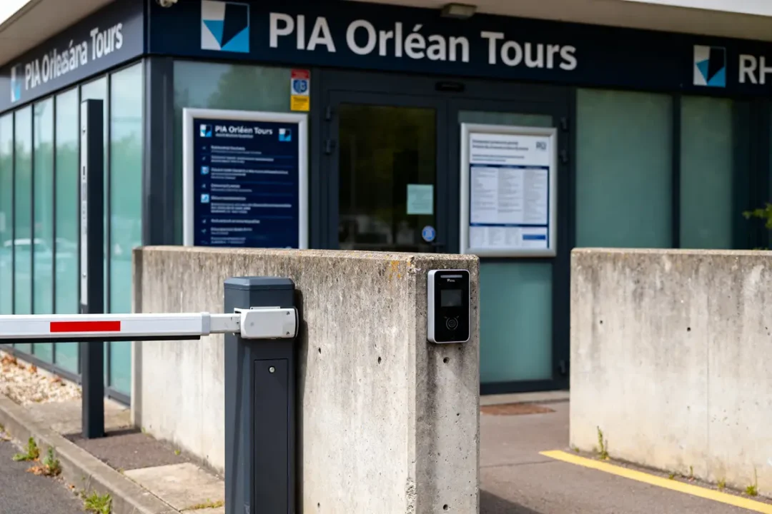 Entrée du bâtiment PIA Orléans Tours avec barrière de sécurité et affichage d'informations