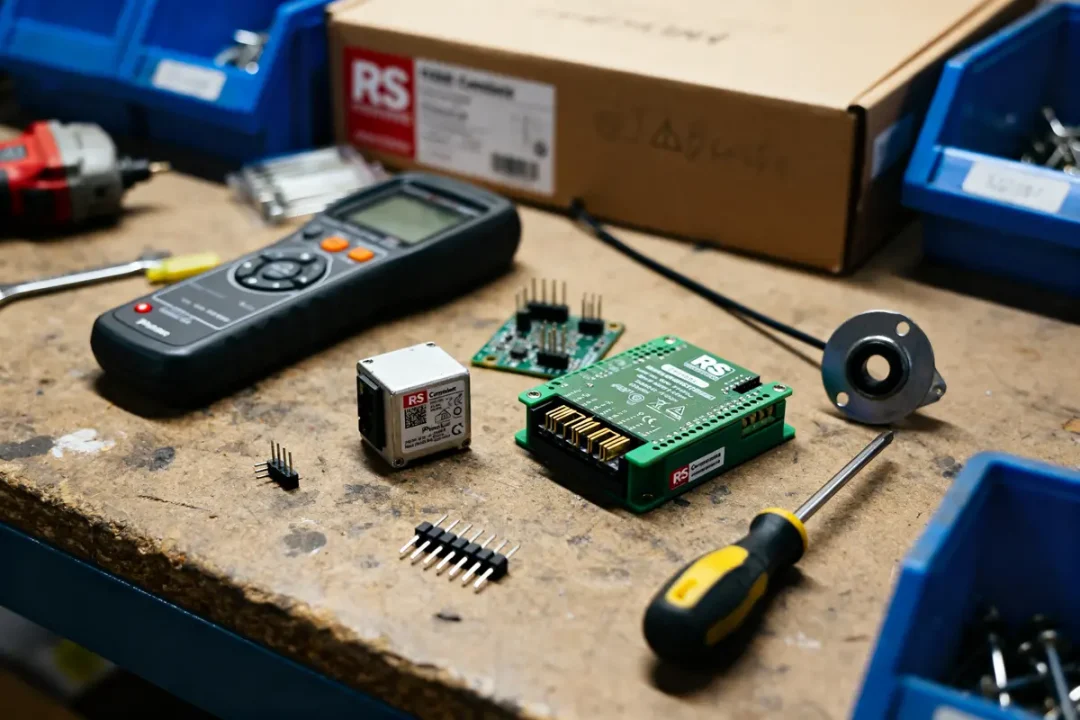 Équipement électronique RS Components sur établi avec outils et composants supplémentaires