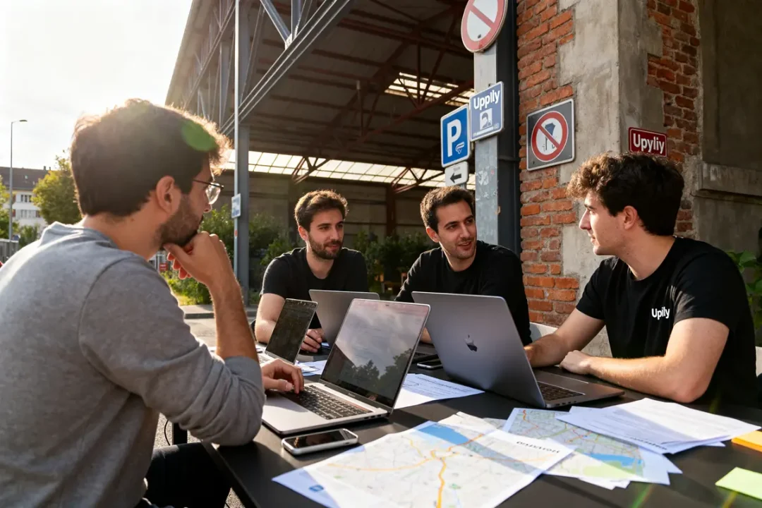 Groupe de personnes travaillant sur des ordinateurs portables avec des cartes et panneaux Upwily visible