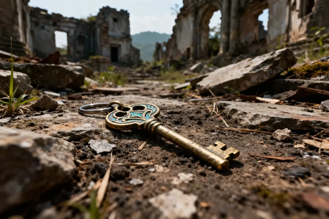 Clé de l'ancienne ville Genshin posée sur sol pierreux avec ruines en arrière-plan