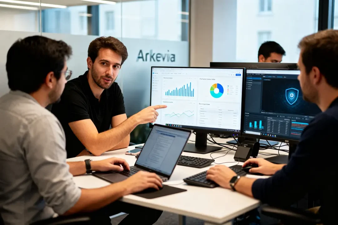 Des employés discutent de statistiques à l'entreprise Arkevia autour d'ordinateurs dans un bureau moderne