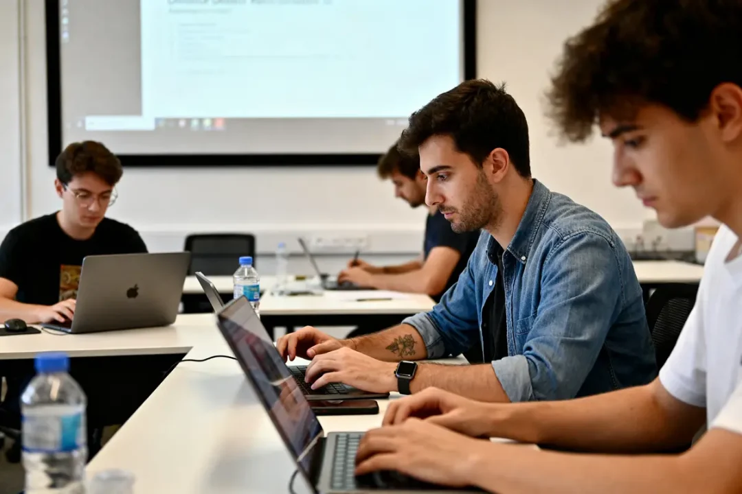 Jeunes adultes concentrés sur ordinateurs lors d'une formation directeur artistique studi en classe