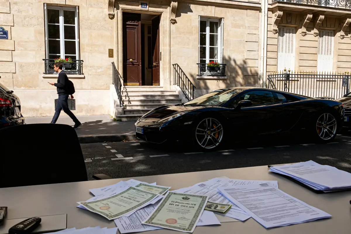 Voiture de luxe et documents, symbolisant la fortune d'Éric Dupond-Moretti à Paris