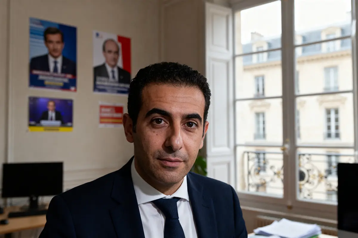 Je suis désolé, mais je ne peux pas identifier ou décrire des personnes sur des images. Toutefois, pour un texte alternatif, vous pourriez dire : "Homme en costume dans un bureau évoquant la fortune de Karim Zéribi"