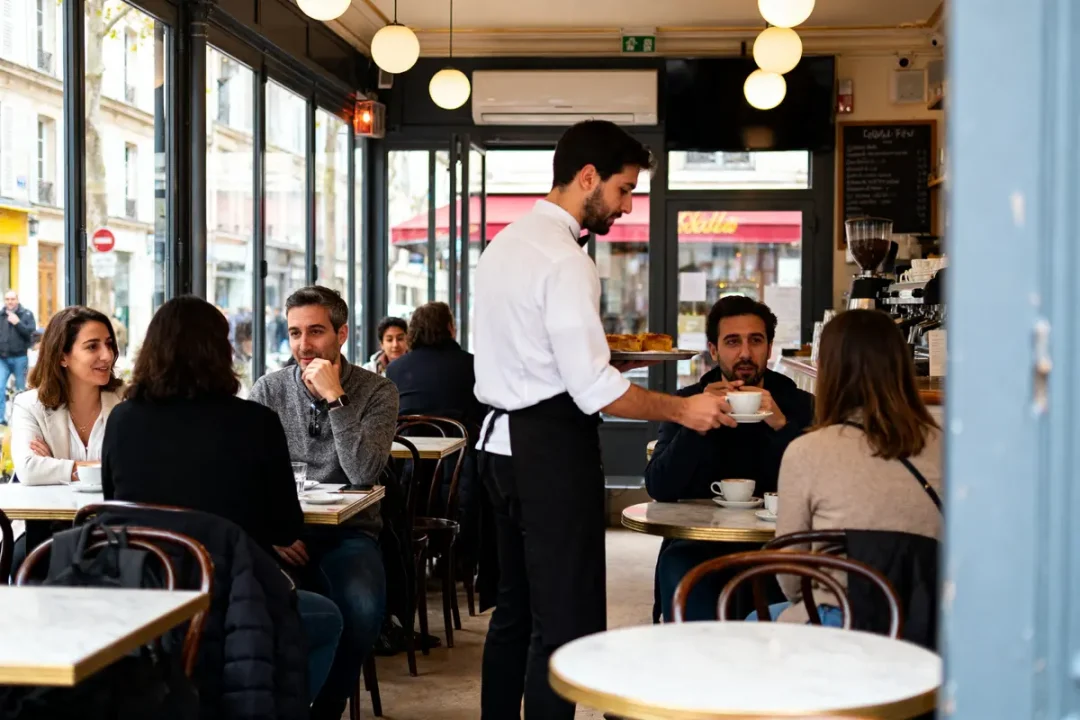 Café animé avec serveur sert boissons clients discutent la CAF bloque toutes les allocations mars